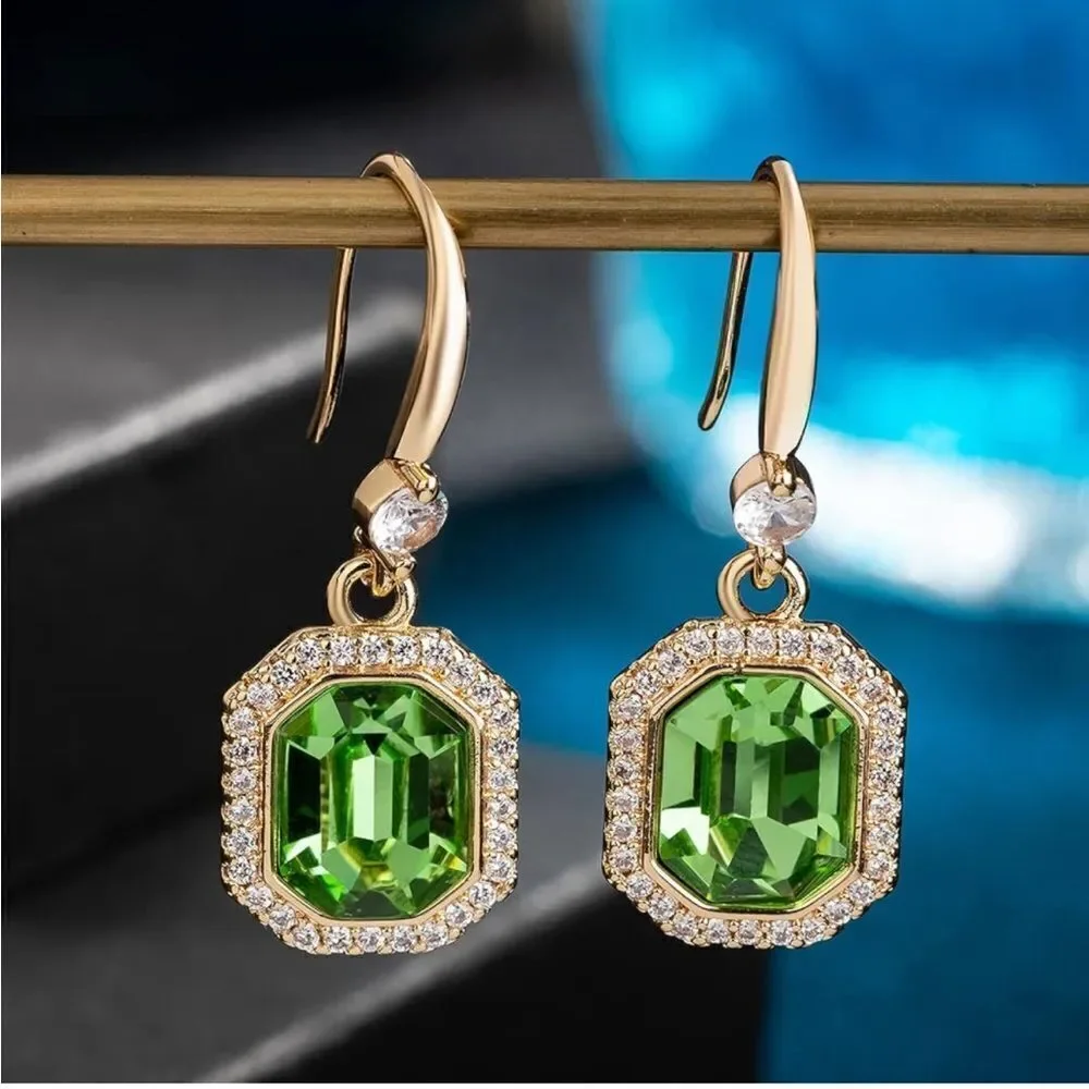 14K Yellow Gold with Fern Green Austrian Crystal Octagon Halo Hook Earrings